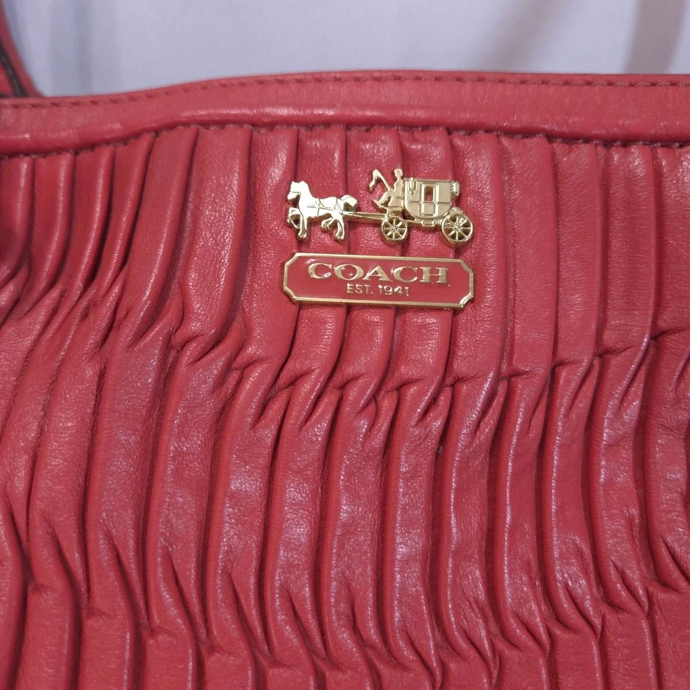 Coach Madison Kara Gathered Leather Purse/Satchel Bag Coral Red 22325